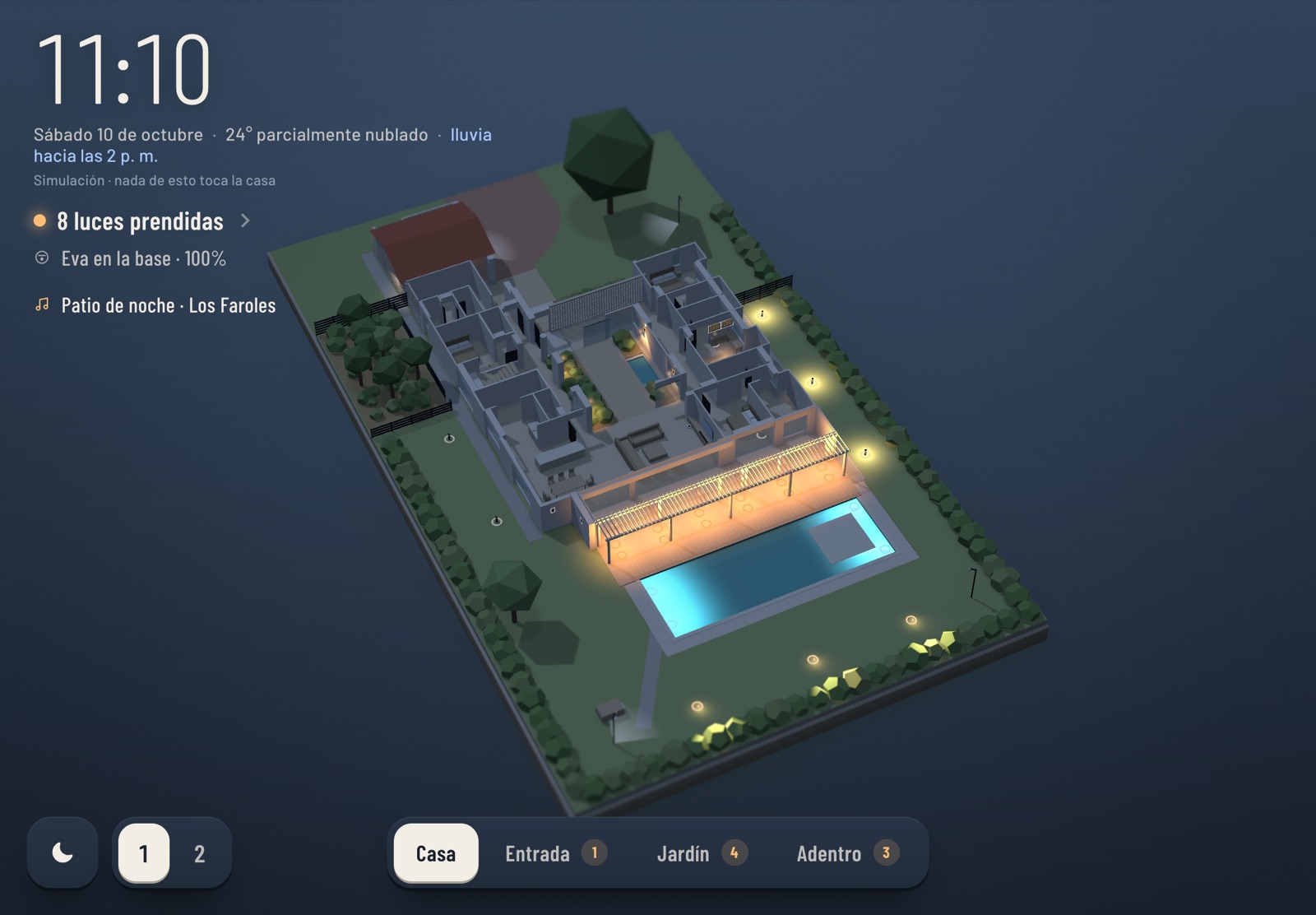 The house as a small 3D board at night: the pergola and the pool lit, the clock and '8 luces prendidas' in the corner